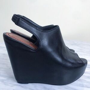 Elizabeth and James Black Leather Wedges